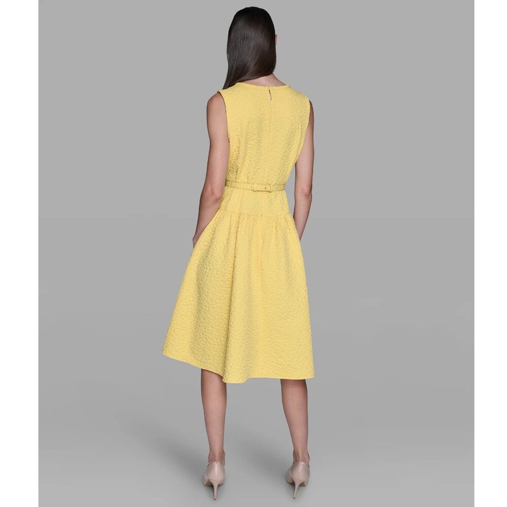 Karl Lagerfeld Yellow Floral Jacquard A-Line Dress with Flower Belt NWT! Size 12 - Picture 2 of 10